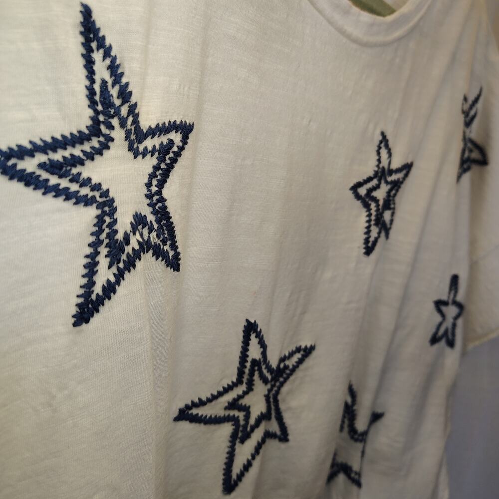 Karyn Seo XL White Embroidered Star Tee Boho Raw Edge Handmade India Top - Picture 2 of 15